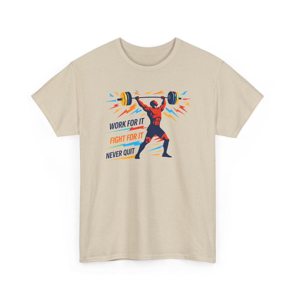 Beige t-shirt with a graphic of a person lifting weights and motivational text on a white background