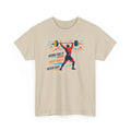 Beige t-shirt with a graphic of a person lifting weights and motivational text on a white background