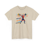 Beige t-shirt with a graphic of a person lifting weights and motivational text on a white background