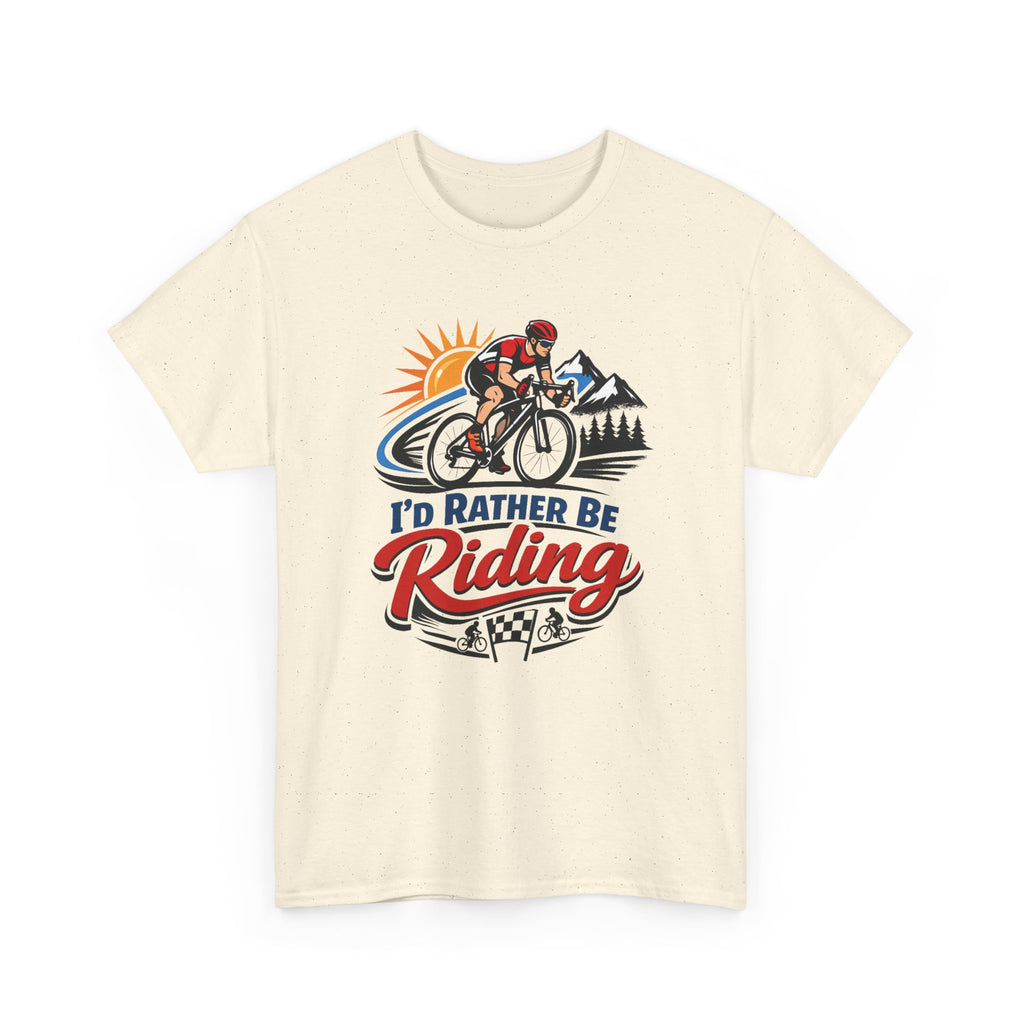 Beige t-shirt with a cycling graphic and 'I'd Rather Be Riding' text on a white background