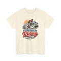 Beige t-shirt with a cycling graphic and 'I'd Rather Be Riding' text on a white background