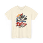 Beige t-shirt with a cycling graphic and 'I'd Rather Be Riding' text on a white background