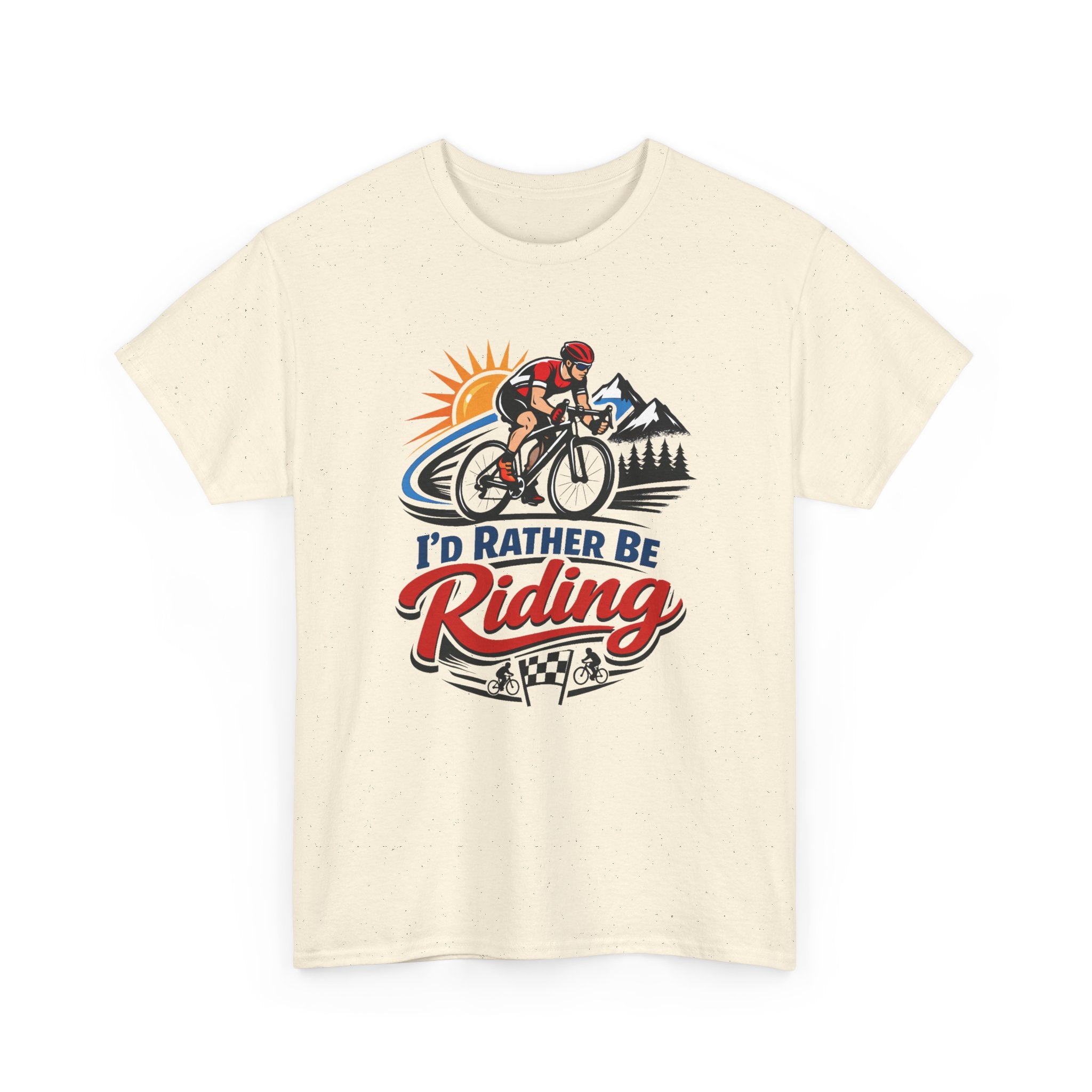 Beige t-shirt with a cycling graphic and 'I'd Rather Be Riding' text on a white background