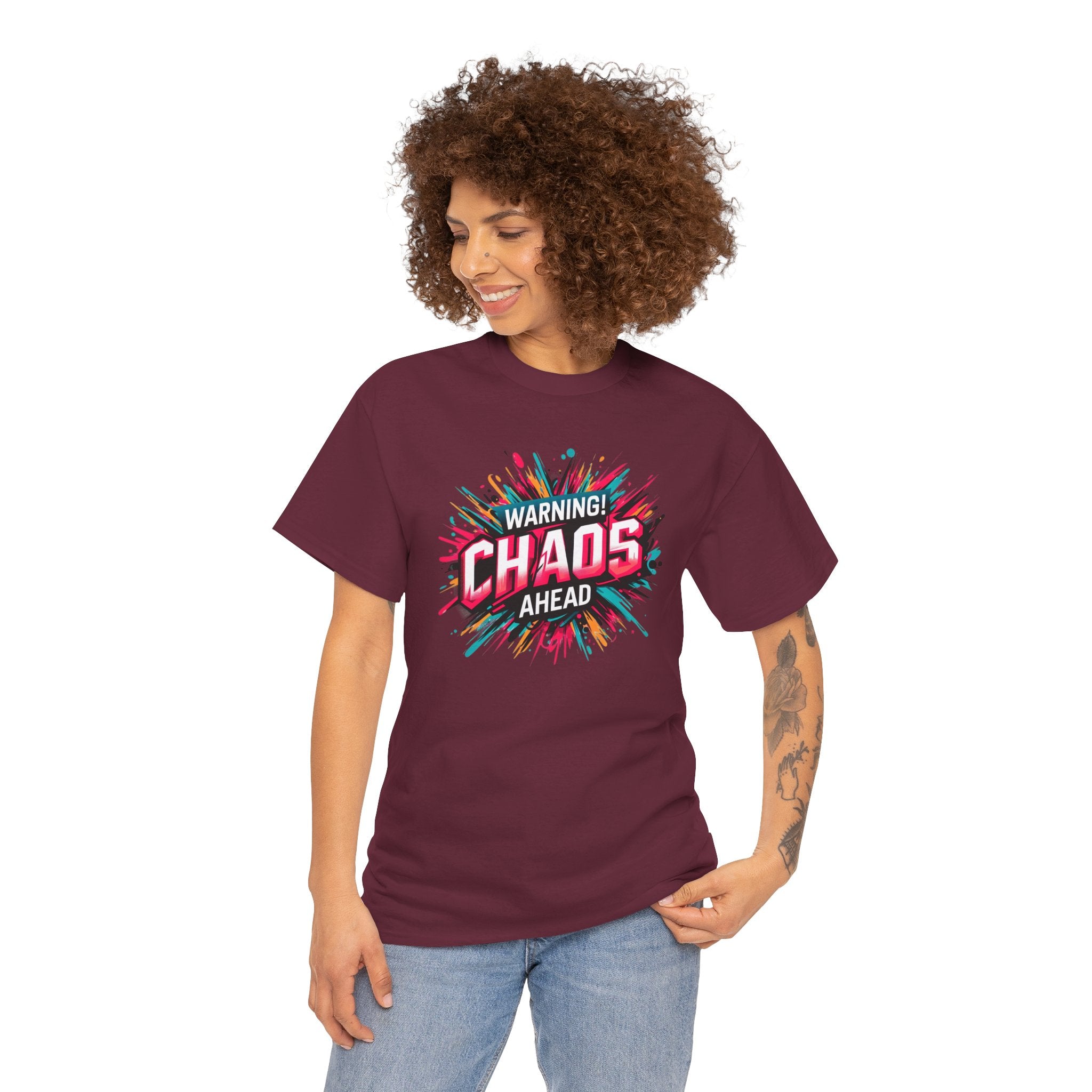 Chaos Ahead Graphic Tee — Warning! Colorful Explosion Design