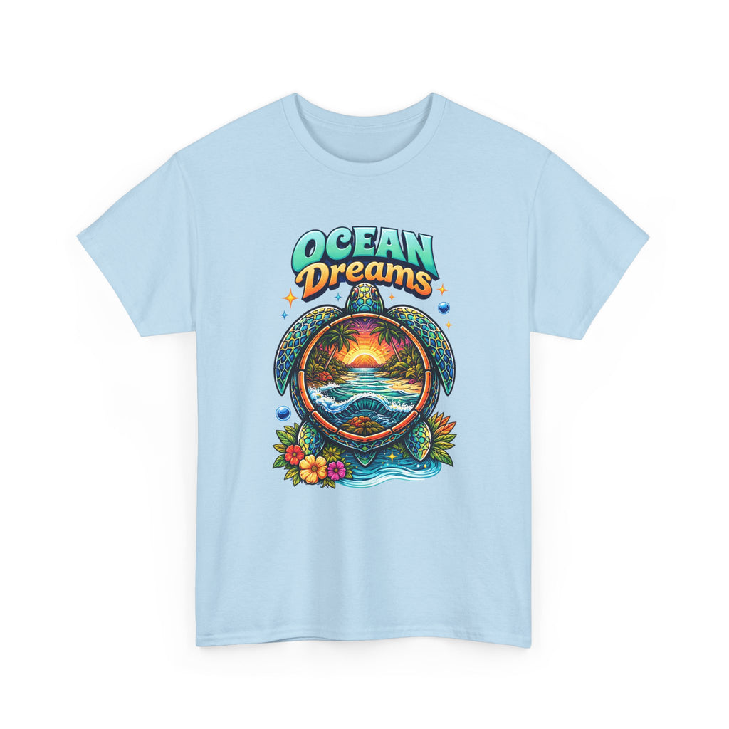 Light blue t-shirt with 'Ocean Dreams' design featuring a sea turtle and beach scene with flowers on a white background