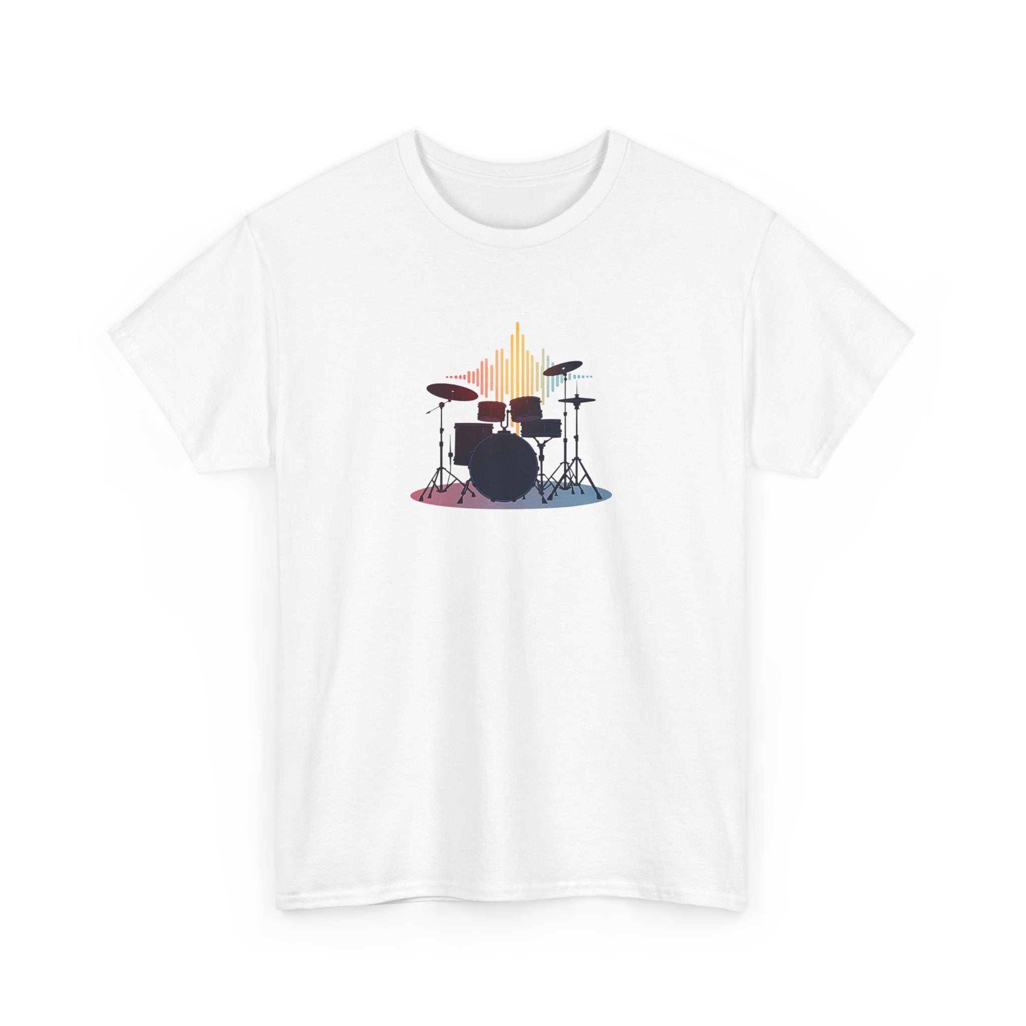 T shirt with Stylized drum kit silhouette with colorful soundwave equalizer bars glowing behind it on a black background, representing music, rhythm, and live drumming energy.