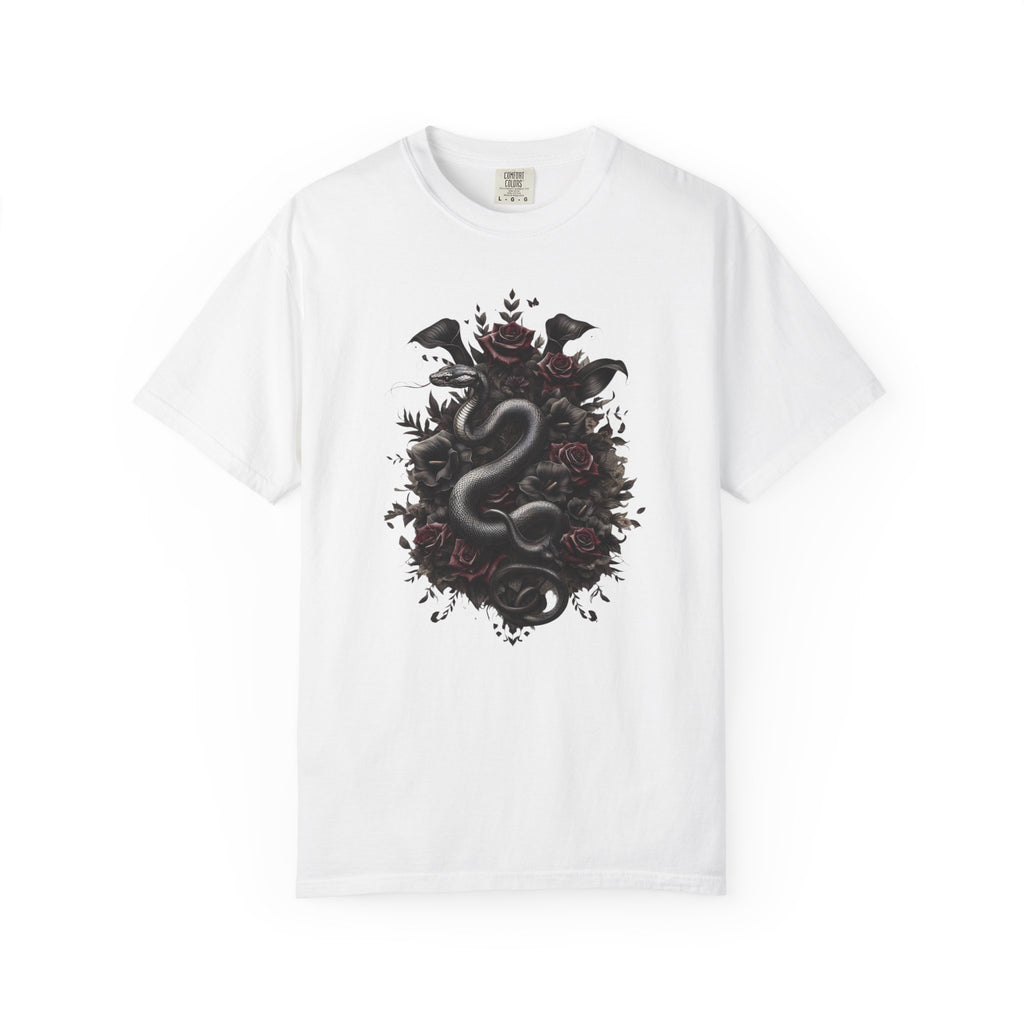 Coiled black snake intertwined with dark red roses and lush moody foliage on a black background, a striking gothic-nature artwork symbolizing mystery and transformation.
