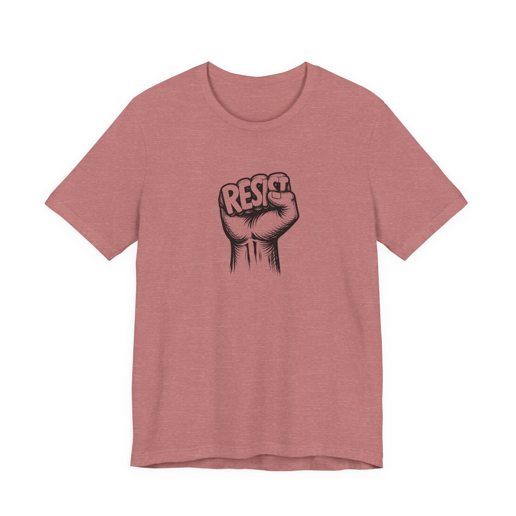 Pink t-shirt with a graphic of a raised fist and 'RESIST' text on a white background
