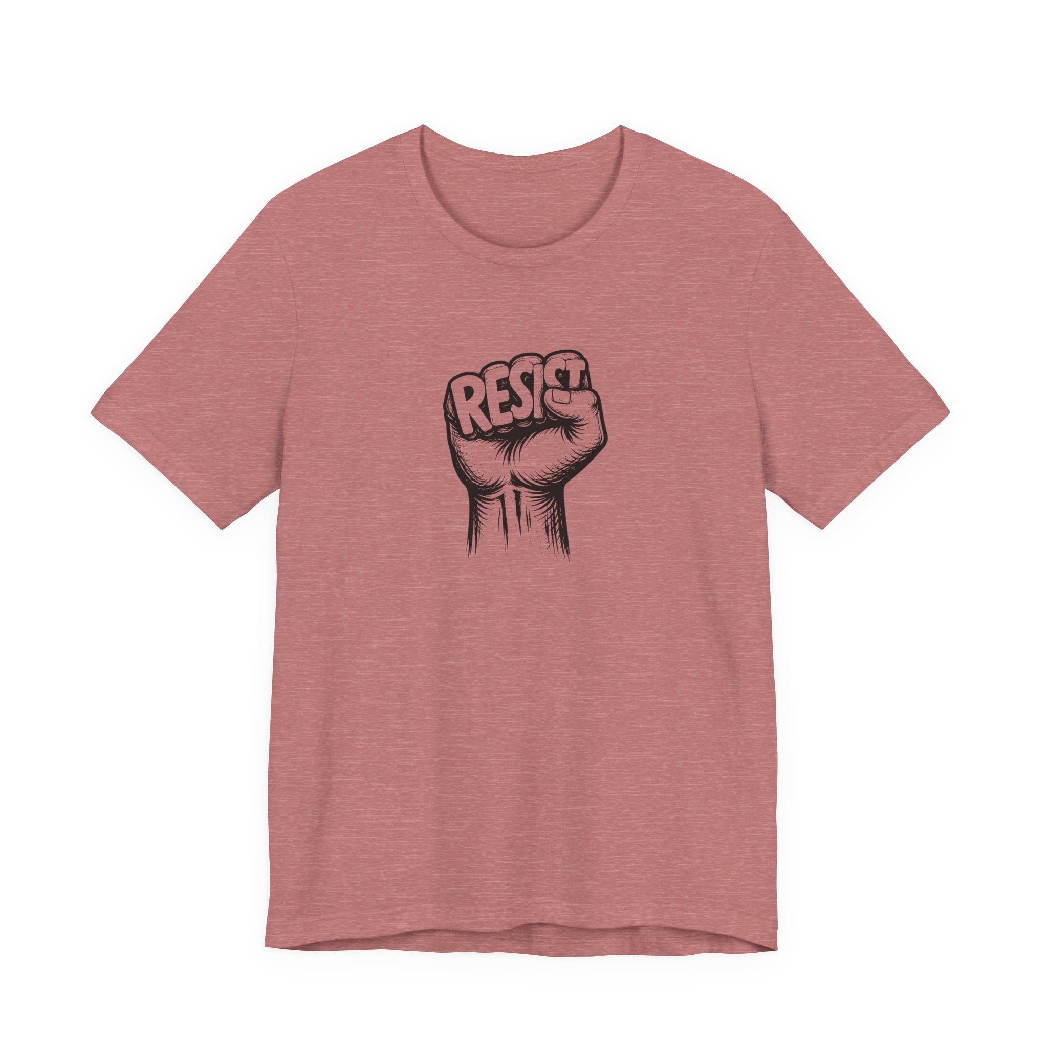 Pink t-shirt with a graphic of a raised fist and 'RESIST' text on a white background