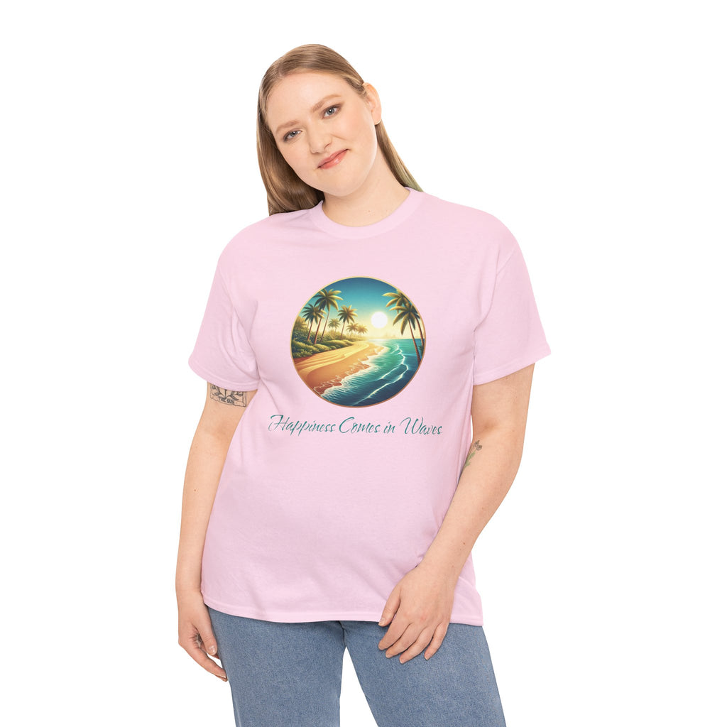 Beach Sunset T-Shirt — "Happiness Comes in Waves" Surf Graphic Tee