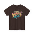 Brown t-shirt with colorful text design that says 'currently winging it' on a white background