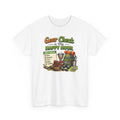 White t-shirt with camping-themed graphic and text 'gear check is my happy hour' on a white background