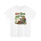 White t-shirt with camping-themed graphic and text 'gear check is my happy hour' on a white background