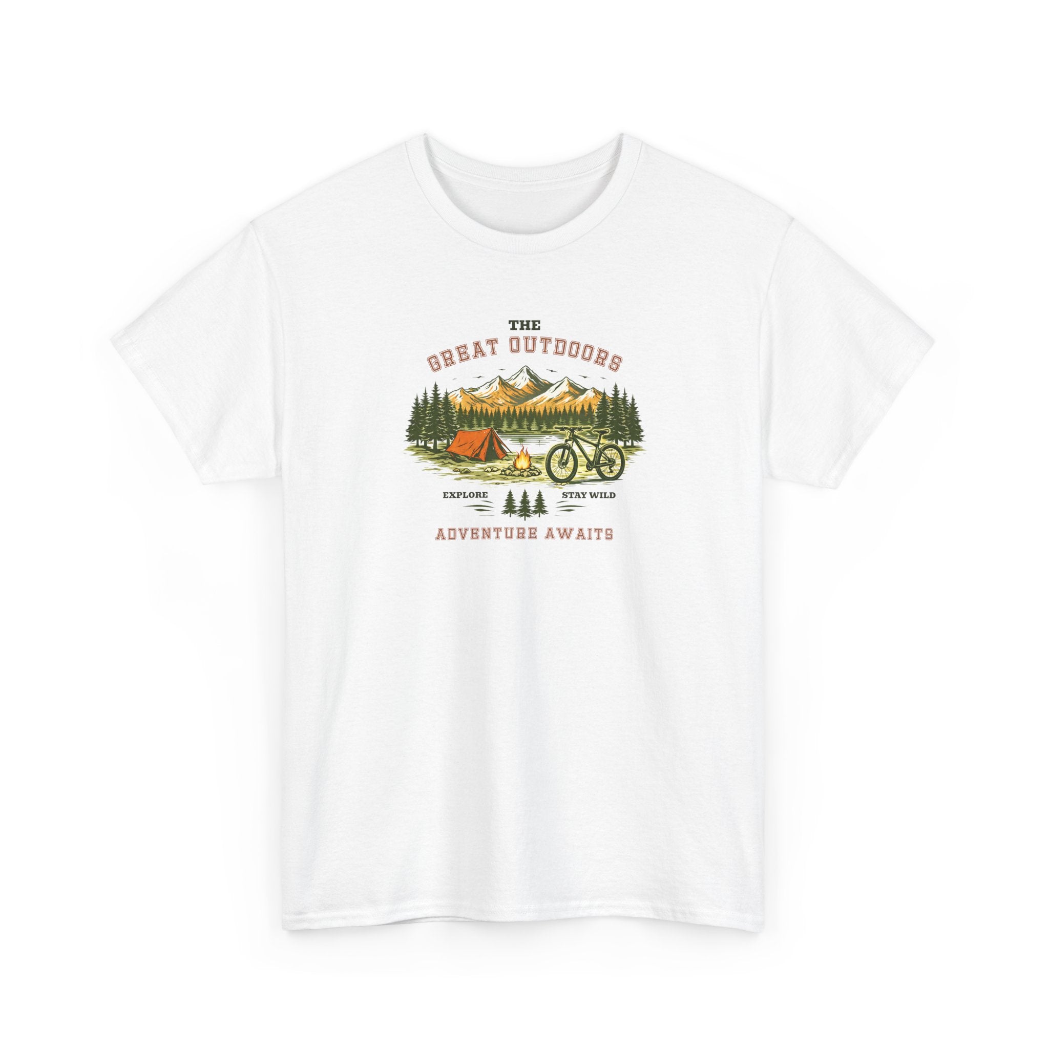 An outdoor scenic graphic with a tent, campfire, and a mountain bike with pine trees and mountains in the distance, with the text 'The Great Outdoors Adventure Awaits', perfect for nature lovers.