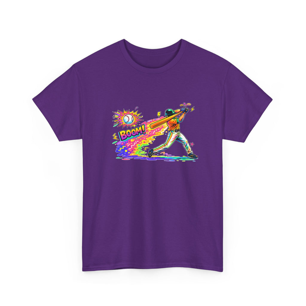 Baseball Batter Rainbow Blast Tee — 'Boom!' Graphic Sports T-Shirt
