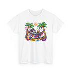 a colorful graphic of a raccoon lounging in a hammock between palm trees by the beach