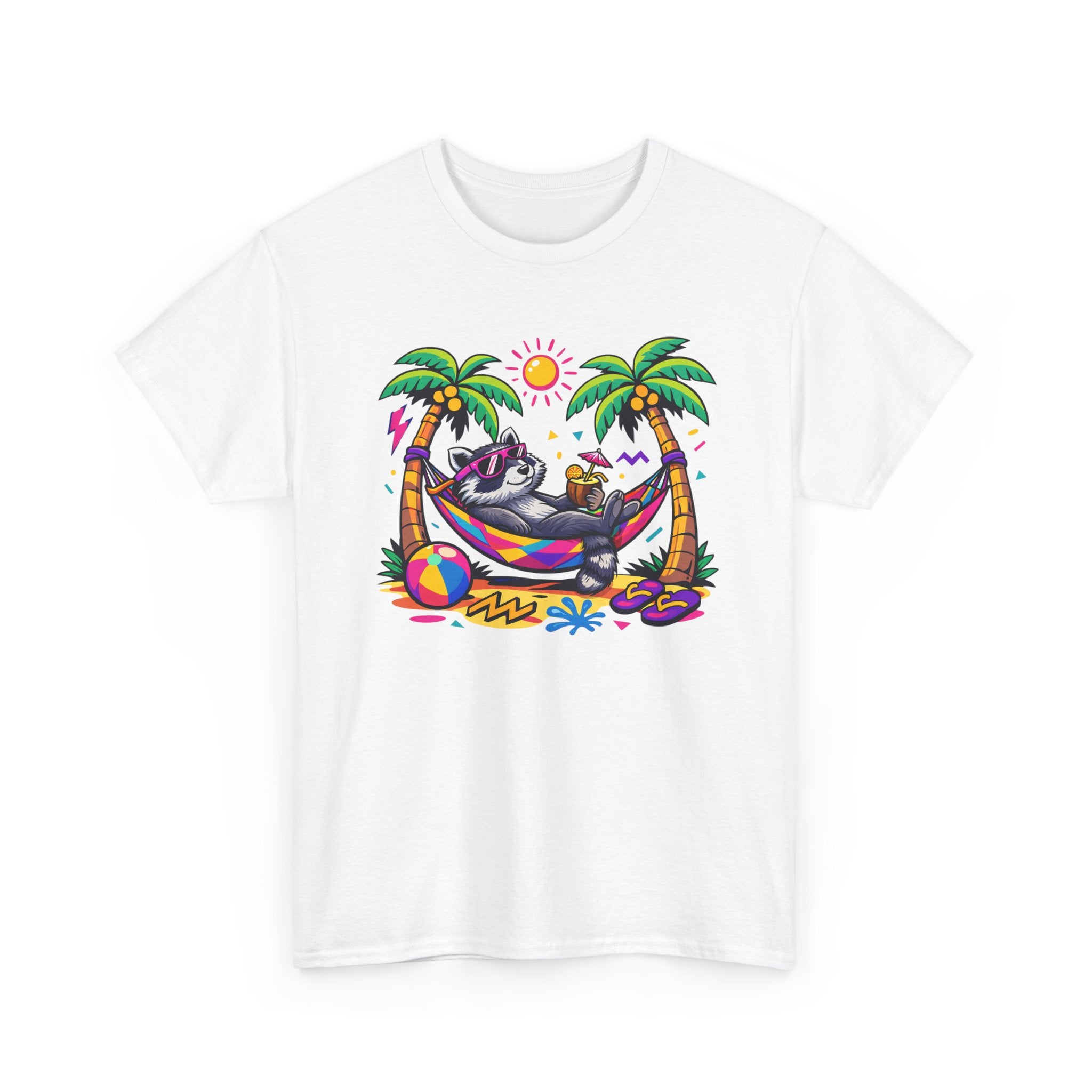 a colorful graphic of a raccoon lounging in a hammock between palm trees by the beach