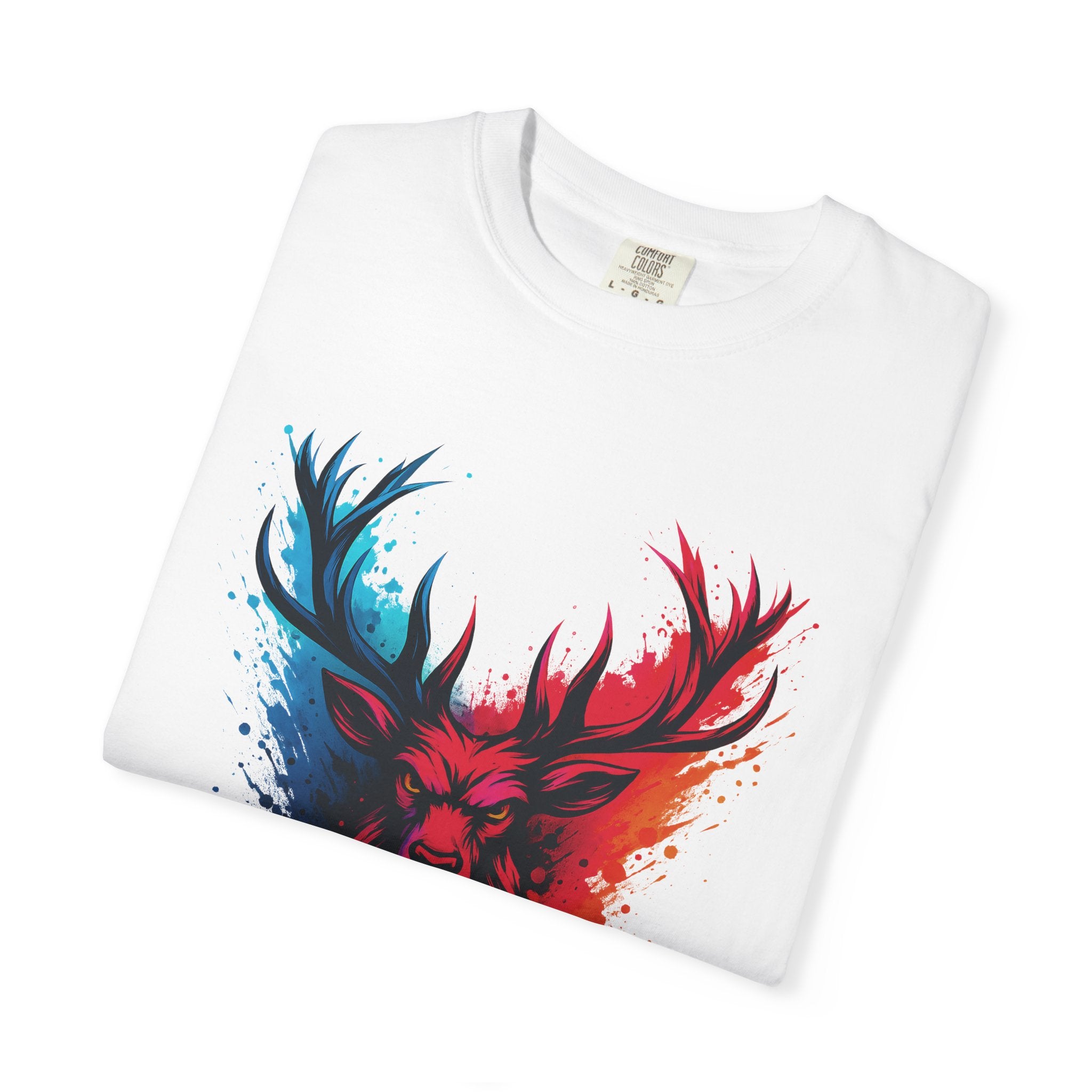 Stag Split-Color Splash T-Shirt — Red & Blue Deer Head Graphic