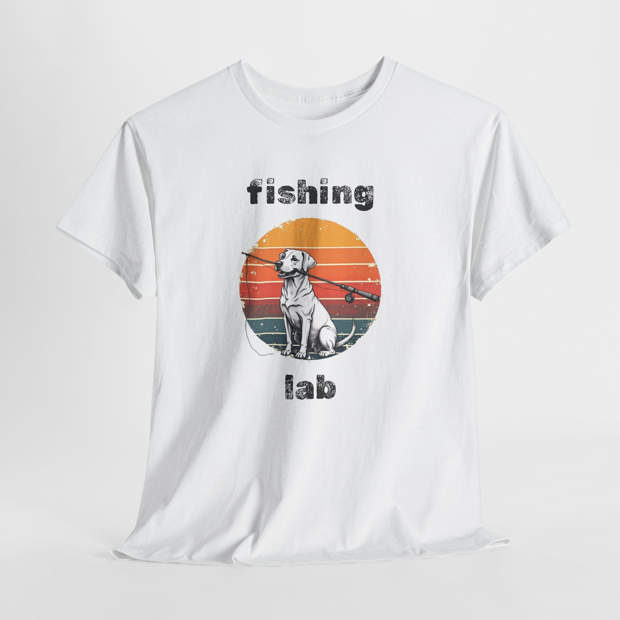 Fishing Lab T-Shirt — Retro Sunset Labrador Fishing Tee for Dog Lovers
