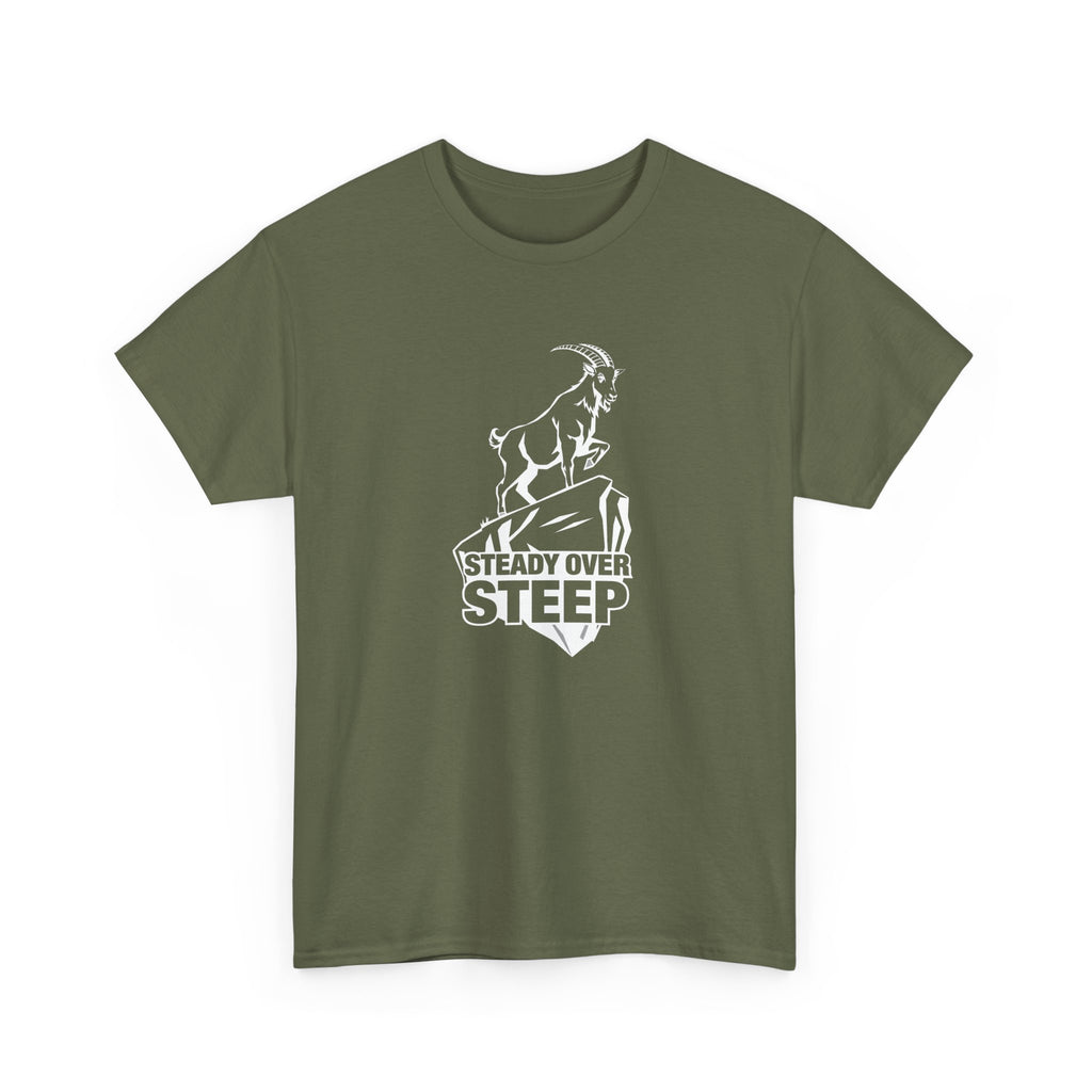 Steady Over Steep Mountain Goat T-Shirt — Motivational Hiking Logo Tee
