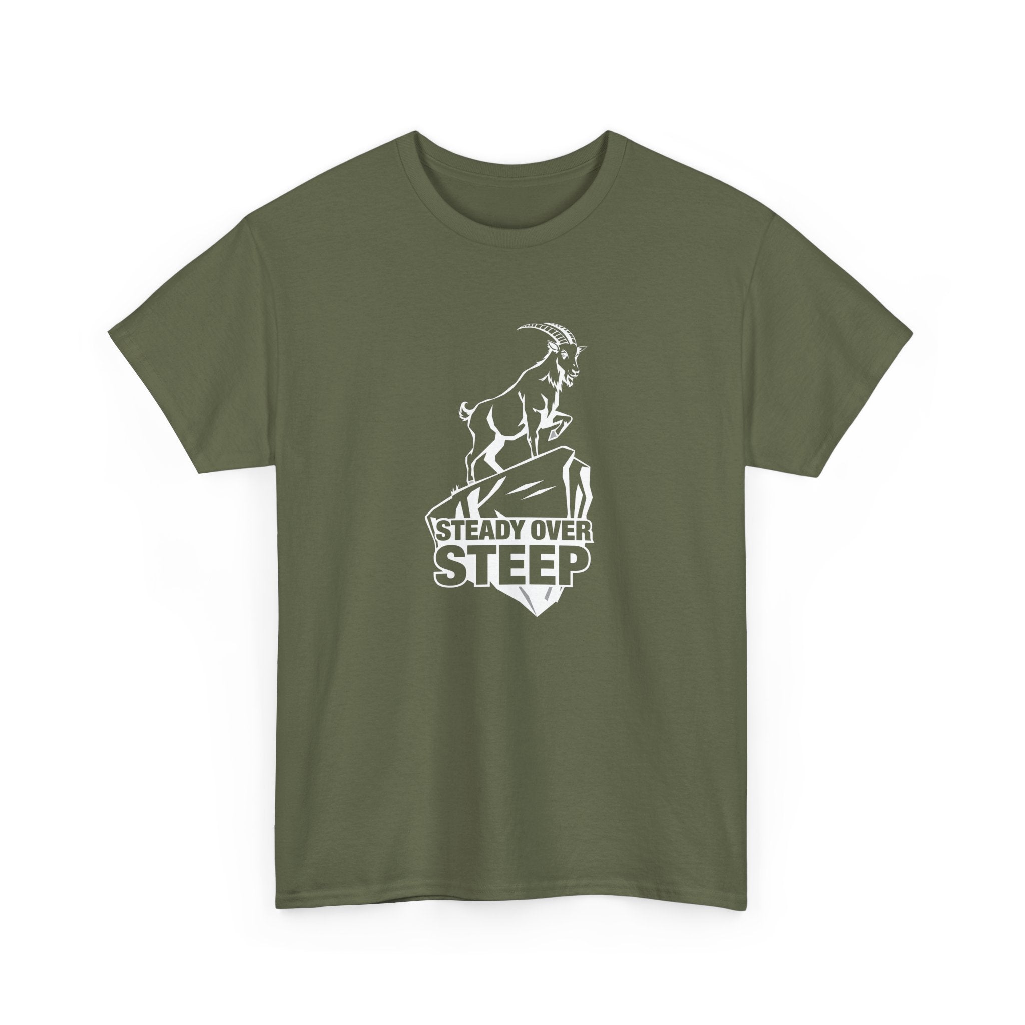 Steady Over Steep Mountain Goat T-Shirt — Motivational Hiking Logo Tee