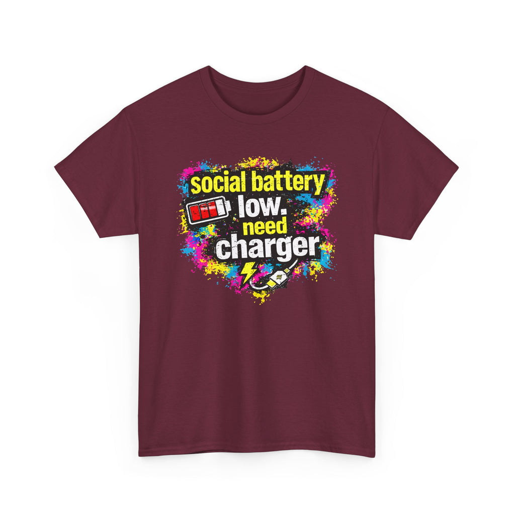 Social Battery Low Need Charger T-Shirt — Funny Sarcastic Introvert Graphic Tee
