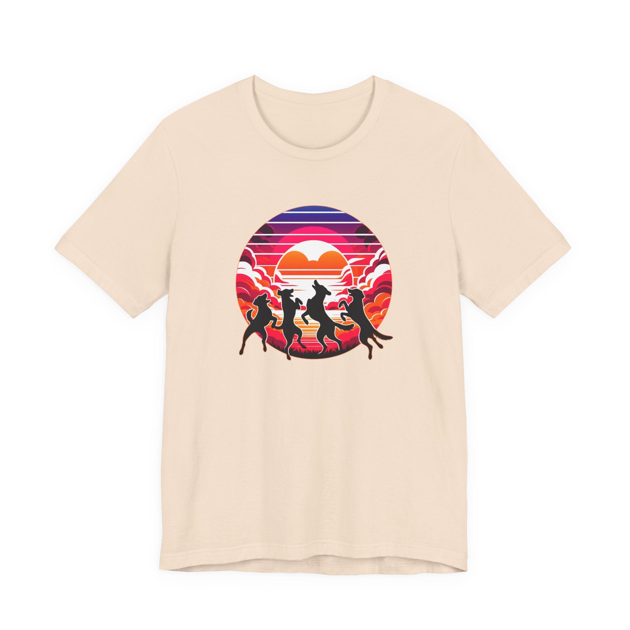 Retro Sunset Dancing Dogs T-Shirt — Vintage Rainbow Skyline Graphic Tee
