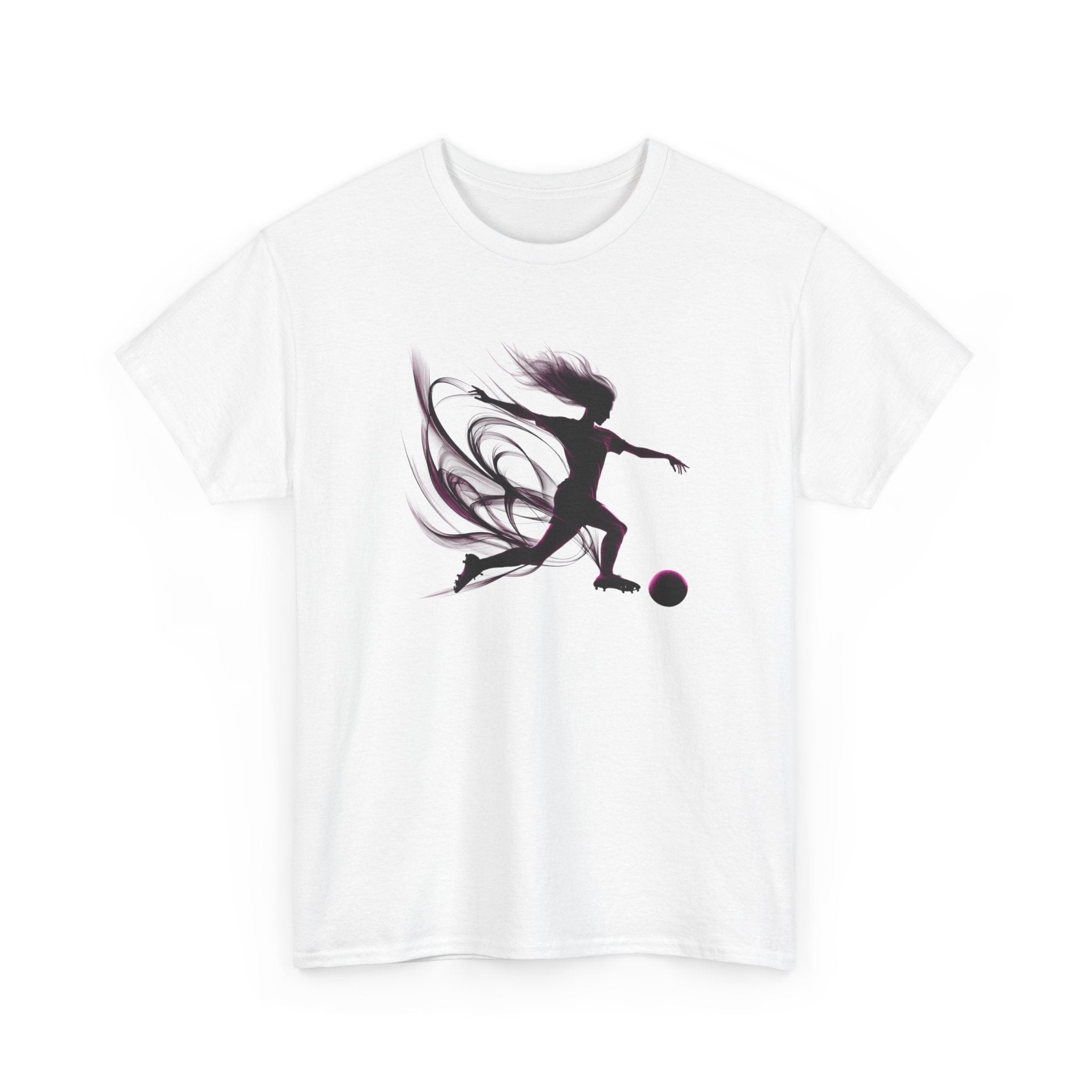 White t-shirt with a black silhouette design of a person playing soccer on a white background