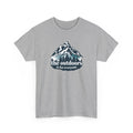 Gray t-shirt with mountain graphic and 'the outdoors is for everyone' text on a white background