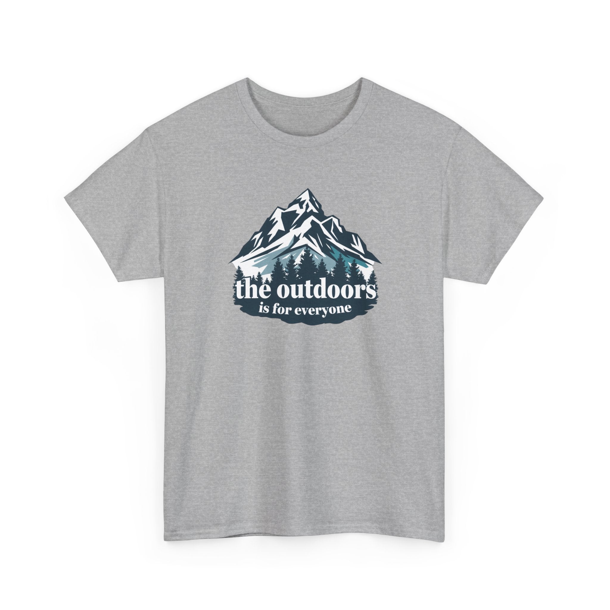 Gray t-shirt with mountain graphic and 'the outdoors is for everyone' text on a white background