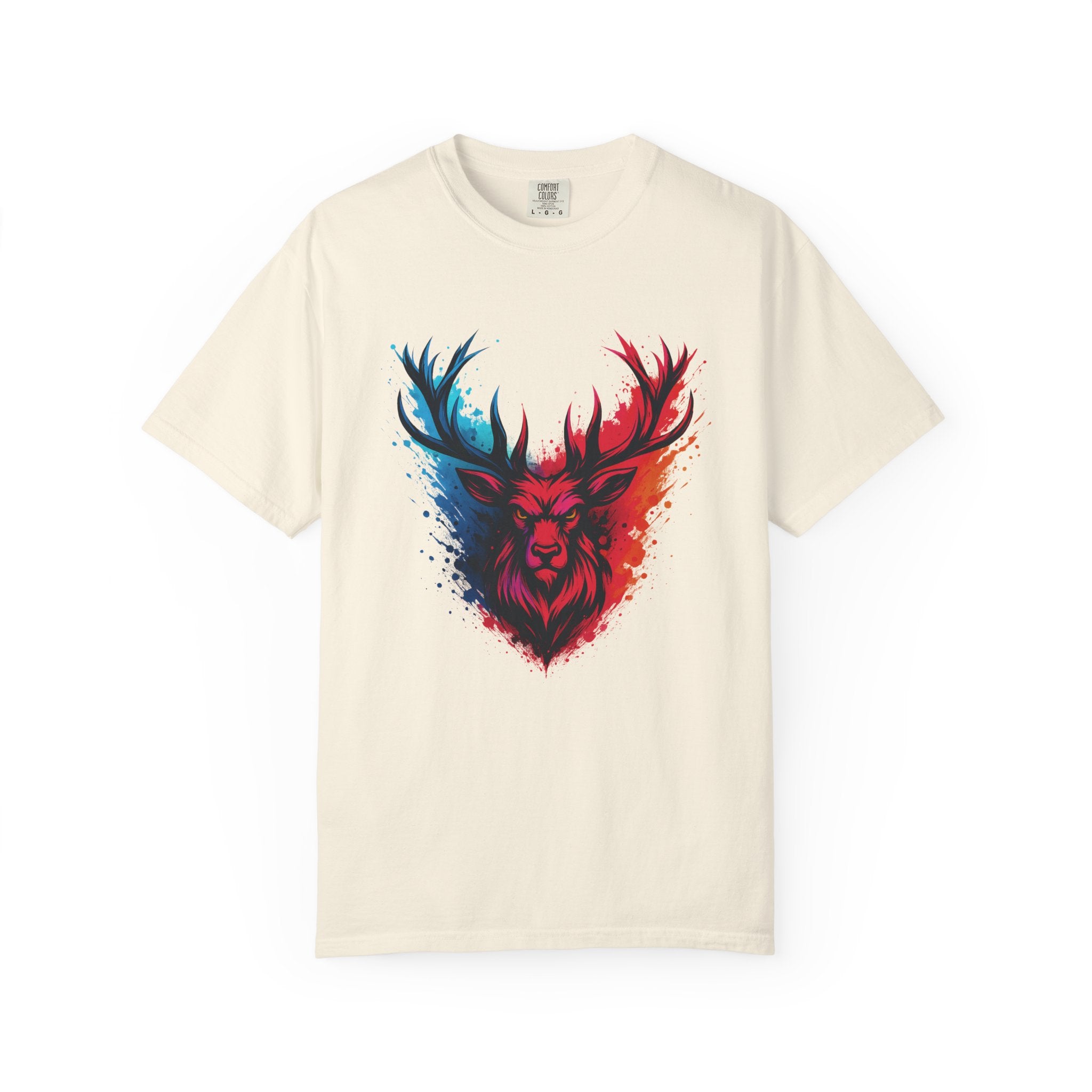 Stag Split-Color Splash T-Shirt — Red & Blue Deer Head Graphic
