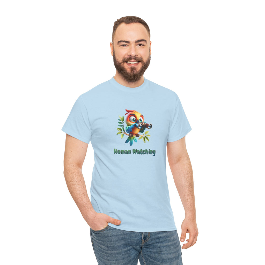 T‑Shirt — Cute Bird with Binoculars "Human Watching" Graphic Tee