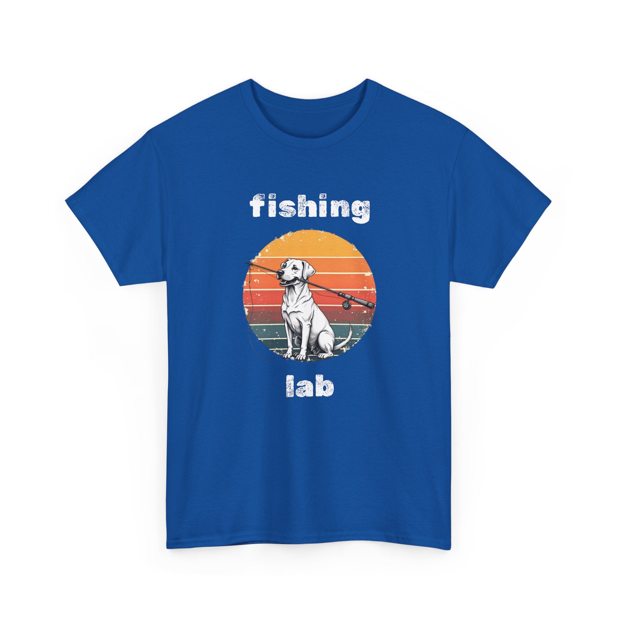Fishing Lab T-Shirt — Retro Sunset Labrador Fishing Tee for Dog Lovers