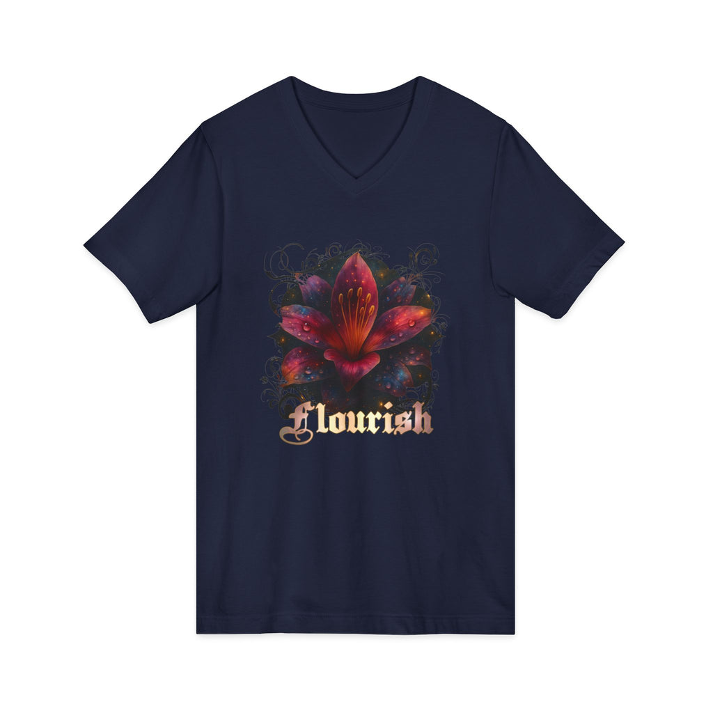 Floral Lily V‑Neck Tee – Dark Garden Bloom Graphic Shirt 'Flourish'