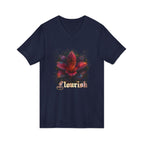 Floral Lily V‑Neck Tee – Dark Garden Bloom Graphic Shirt 'Flourish'
