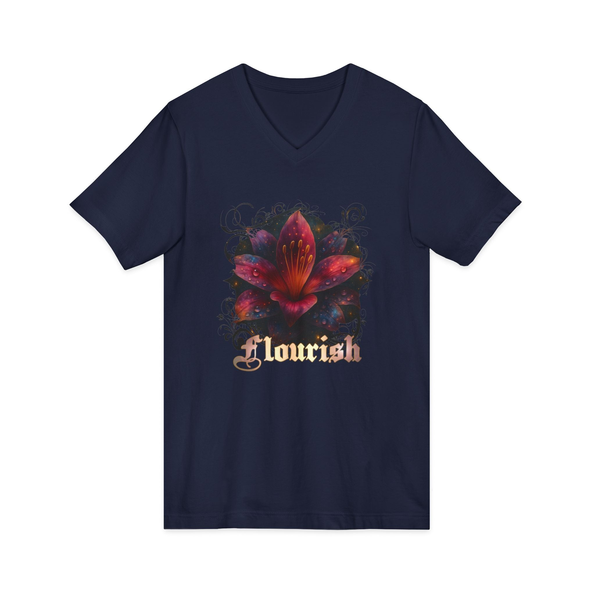Floral Lily V‑Neck Tee – Dark Garden Bloom Graphic Shirt 'Flourish'