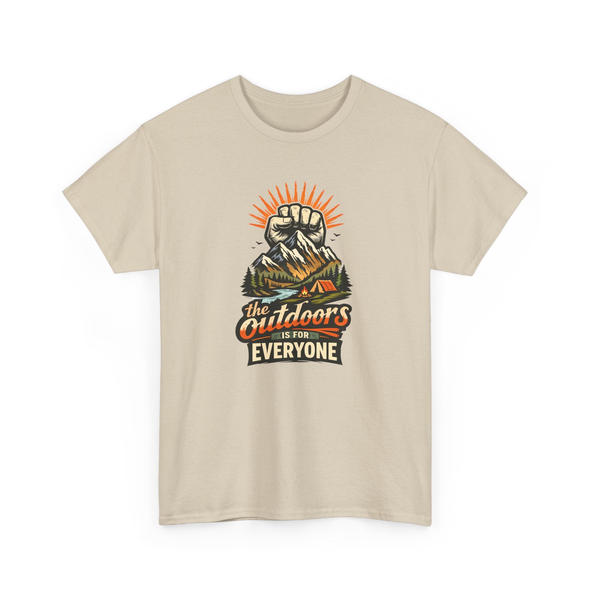 Beige t-shirt with outdoor-themed graphic and text 'the outdoors is for everyone' on a white background