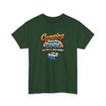 Green t-shirt with funny 'Camping may be cool, but this is a little cooler' graphic on a white background