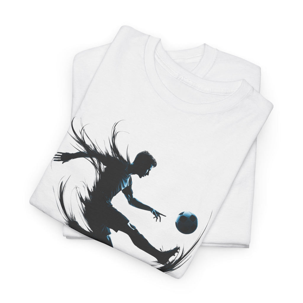 Soccer Player Silhouette Tee — Dynamic Kicking Football Graphic T-Shirt