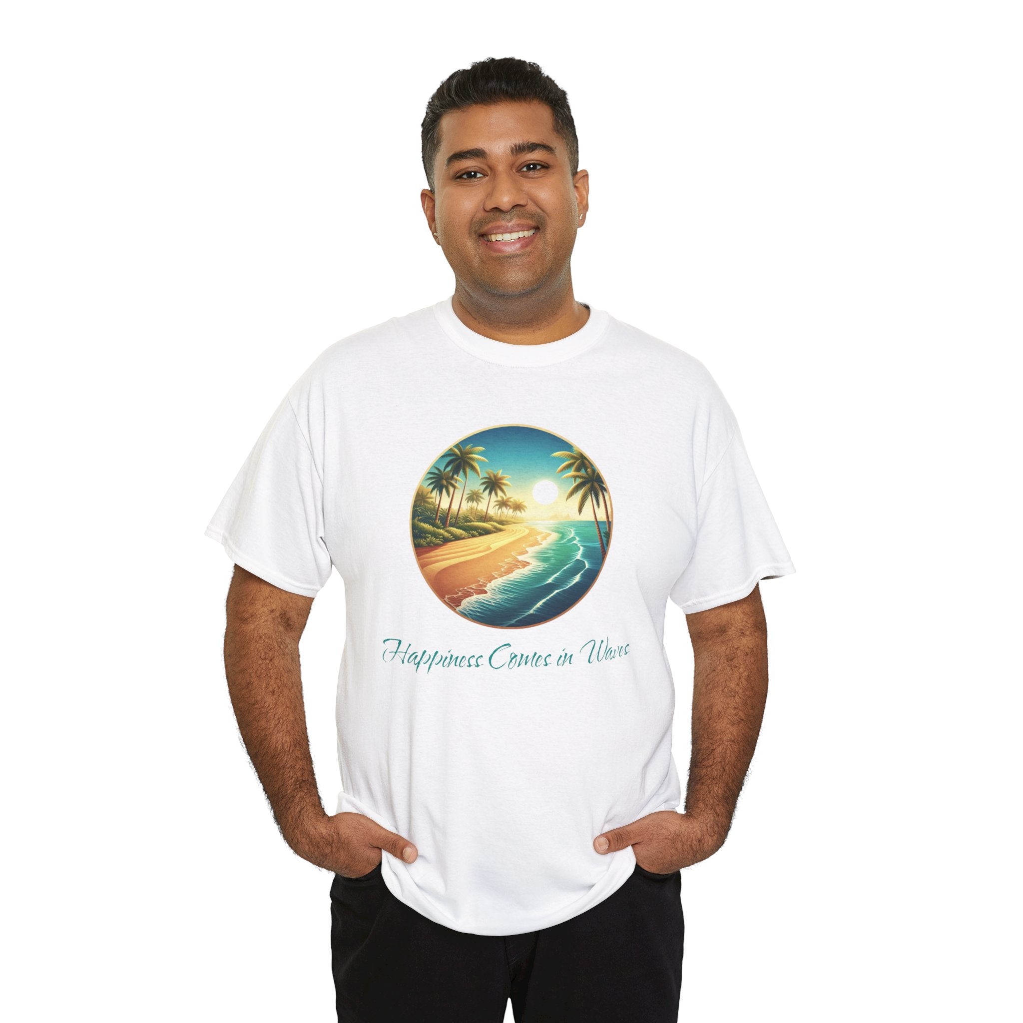 Beach Sunset T-Shirt — "Happiness Comes in Waves" Surf Graphic Tee