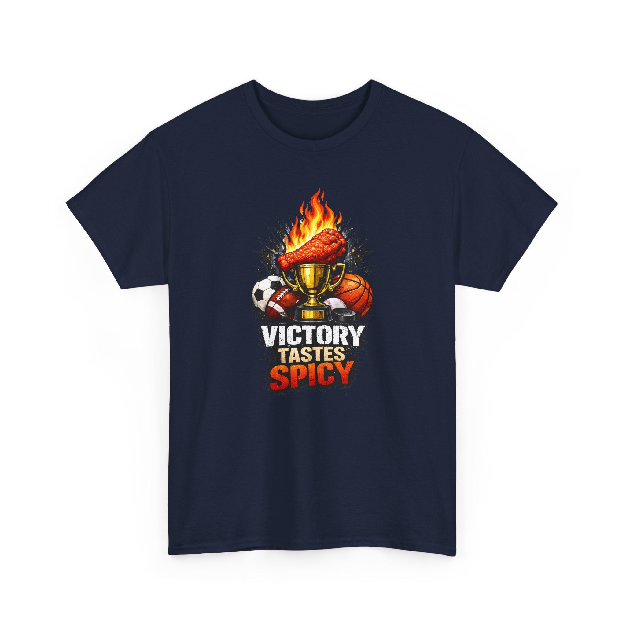 Navy blue t-shirt with 'Victory Tastes Spicy' graphic design on a white background