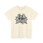 Beige t-shirt with black and white goth style text design that reads 'i'm a delight' in a bold, spiked font.