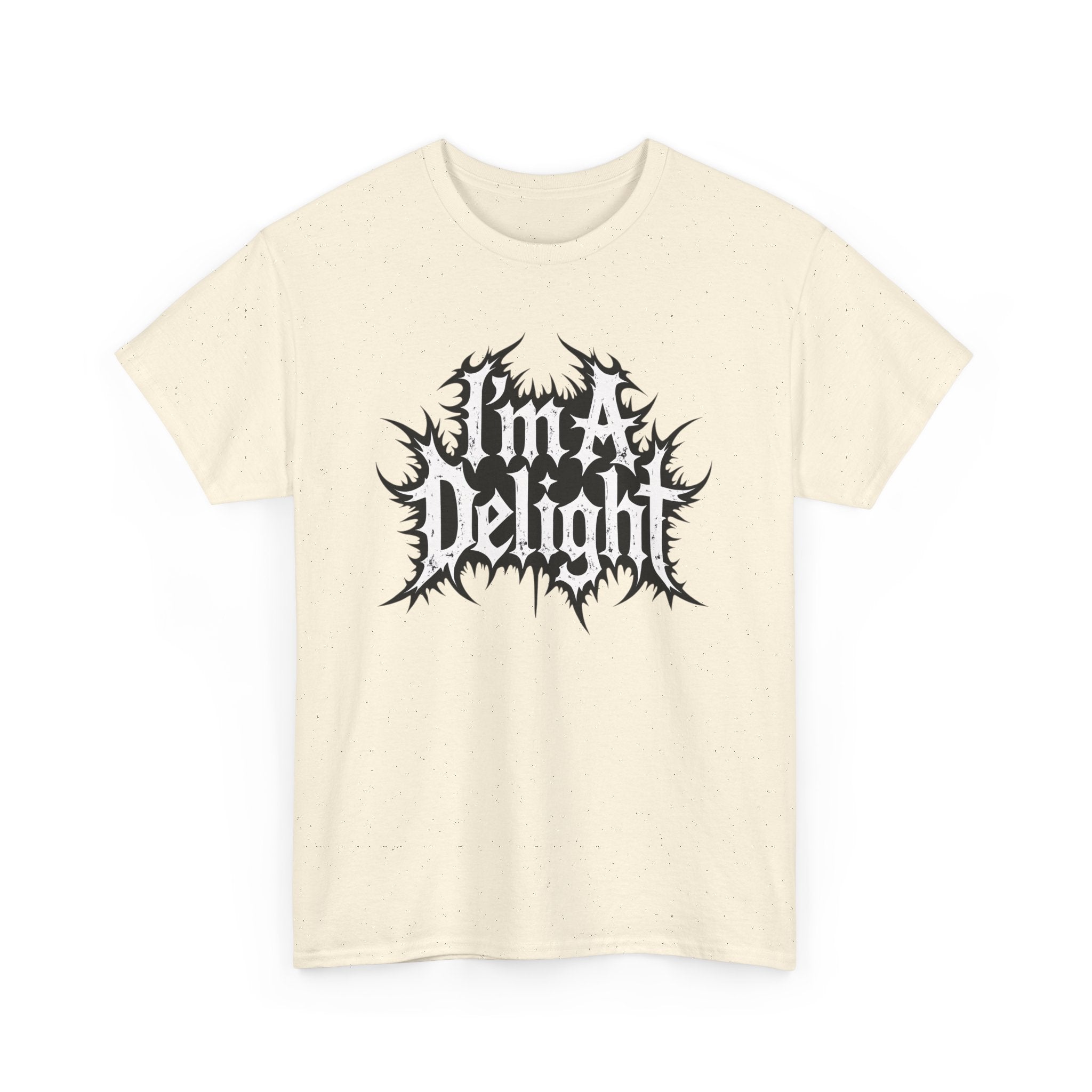 Beige t-shirt with black and white goth style text design that reads 'i'm a delight' in a bold, spiked font.