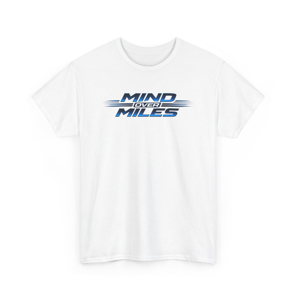 White t-shirt with 'Mind Over Miles' text design on a white background