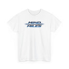 White t-shirt with 'Mind Over Miles' text design on a white background