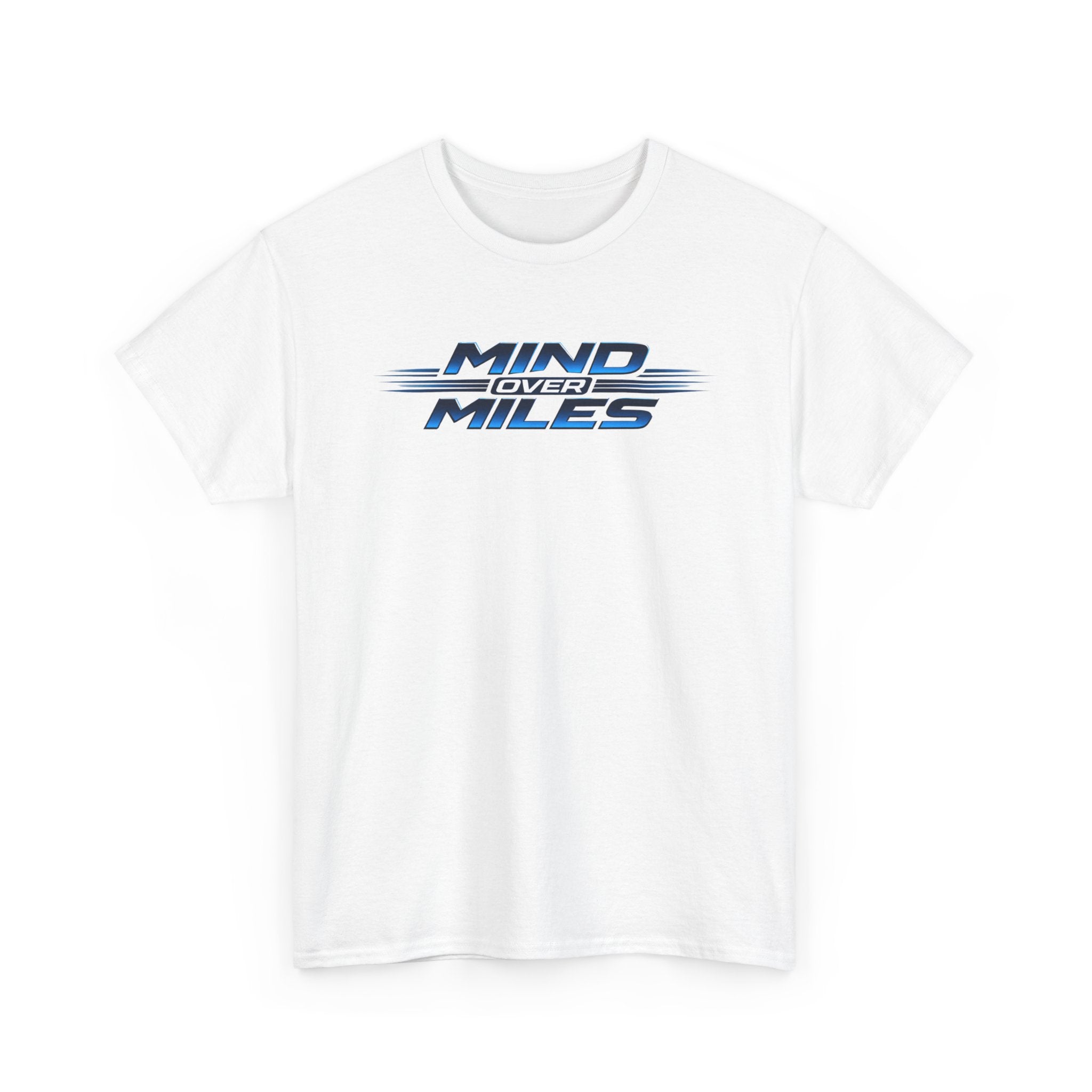 White t-shirt with 'Mind Over Miles' text design on a white background