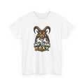 White t-shirt with a graphic of a goat and soccer ball and text 'My Team is the G.O.A.T.' on a white background