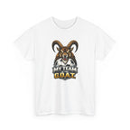 White t-shirt with a graphic of a goat and soccer ball and text 'My Team is the G.O.A.T.' on a white background