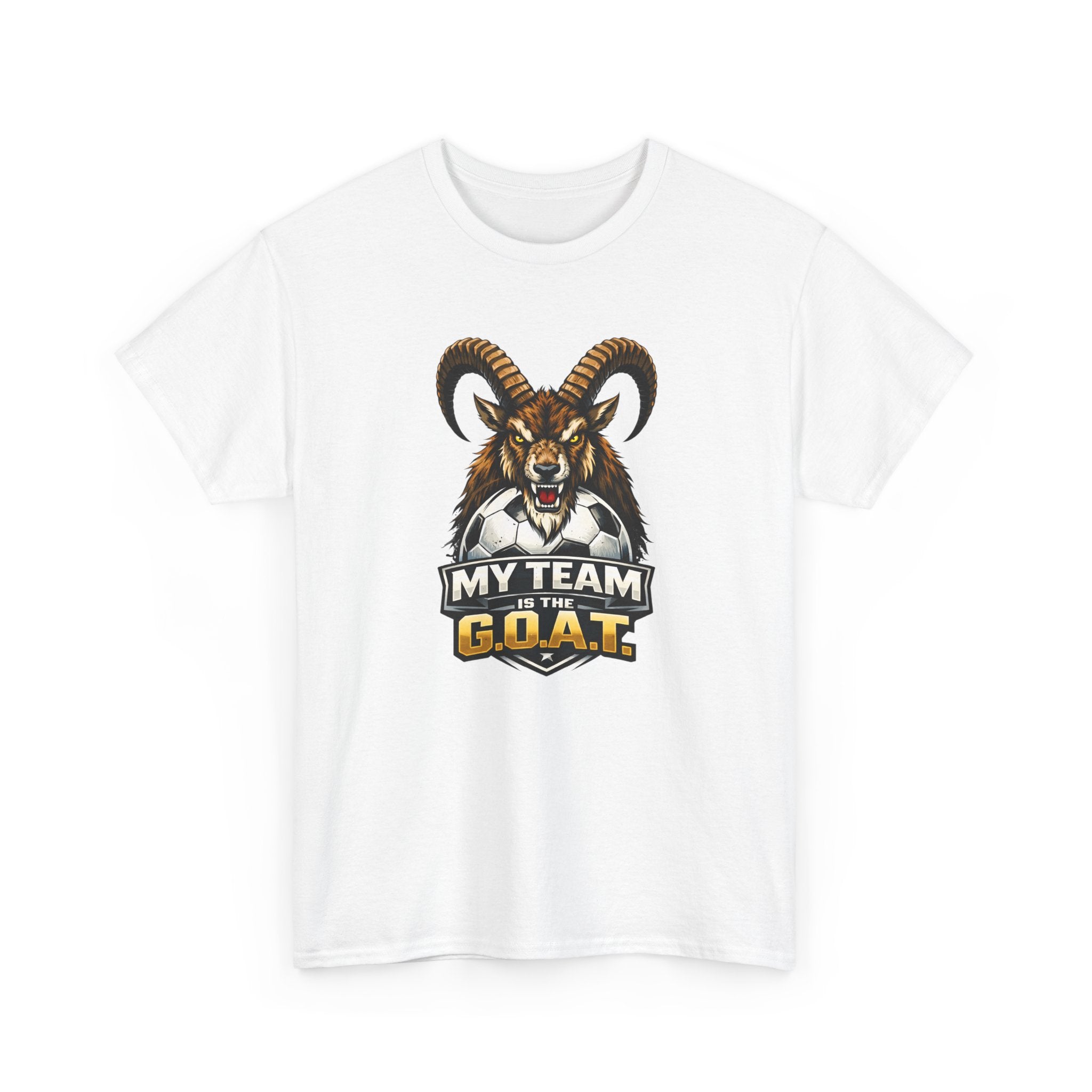 White t-shirt with a graphic of a goat and soccer ball and text 'My Team is the G.O.A.T.' on a white background