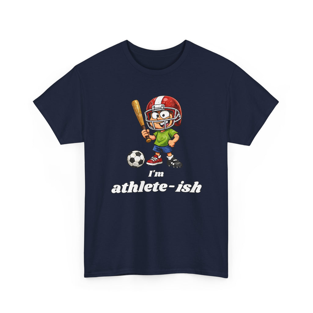 Navy blue t-shirt with a cartoon character holding a baseball bat and soccer ball, and text 'I'm athlete-ish' on a white background.